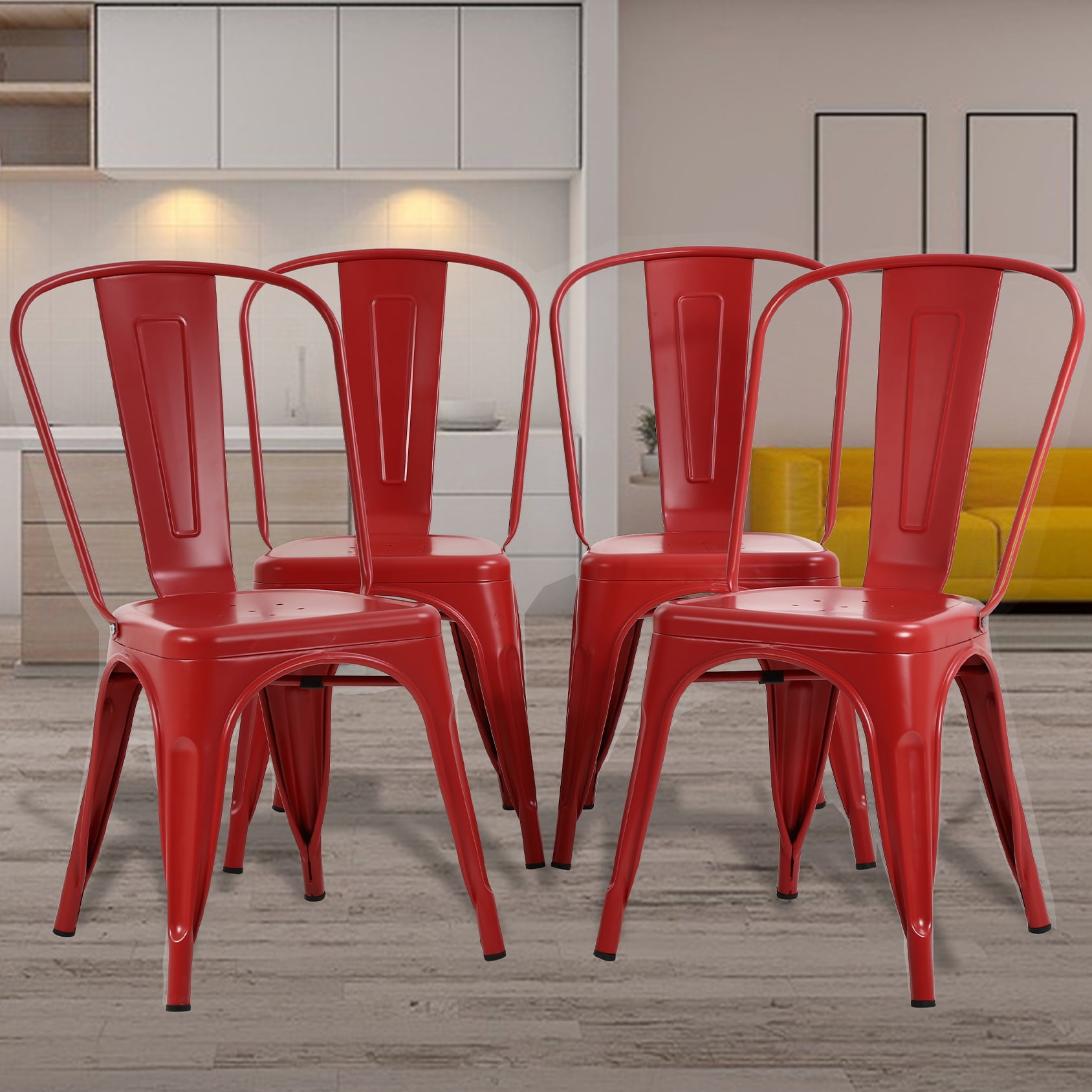 Set of 4 Red Industrial Metal Dining Chairs