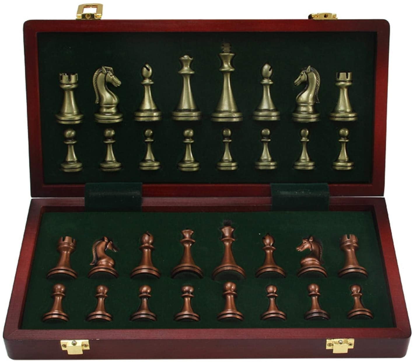 Metal Chess Set Large Deluxe, Copper Plated Pieces with Wooden Box
