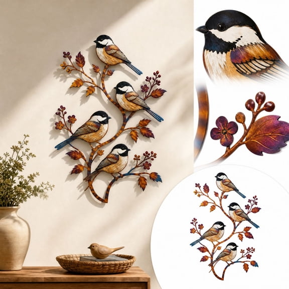 Metal Chickadee Wall Art, 3D Branch Leaves Metal Bird Wall Sculpture, Weather Resistant Nature Wall Hanging for Indoor, Patio & Farmhouse Decor