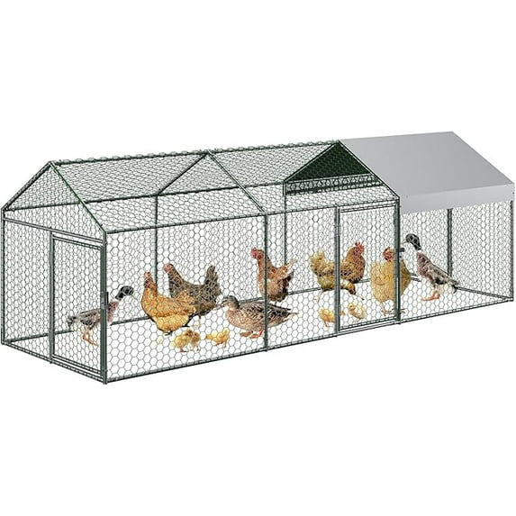 Metal Chicken Coop, 120" X40" X40" Large Chicken Run with 3 Doors, Chicken Run for Yard with Waterproof and Anti-UV Cover, Walk in Poultry Cage for Rabbit Duck Goose, Silver