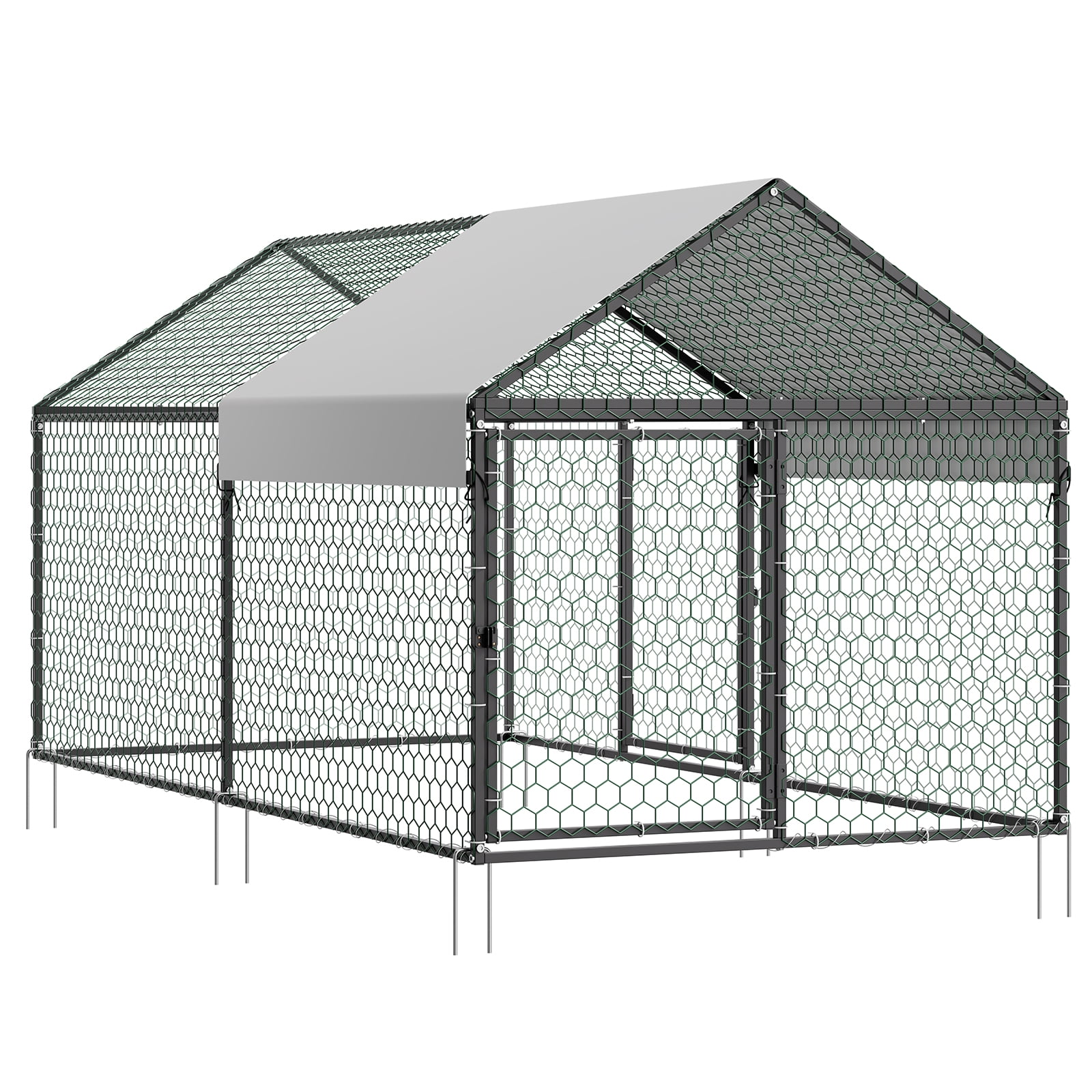 Metal Chicken Coop for 4-6 Chickens, 3.3 x 6.6 x 3.3ft, Small Chicken Cage with Waterproof Cover & Double Doors, Spire Roof Poultry Run Compatible with Wooden Coops, for Rabbit Hen Goose Duck