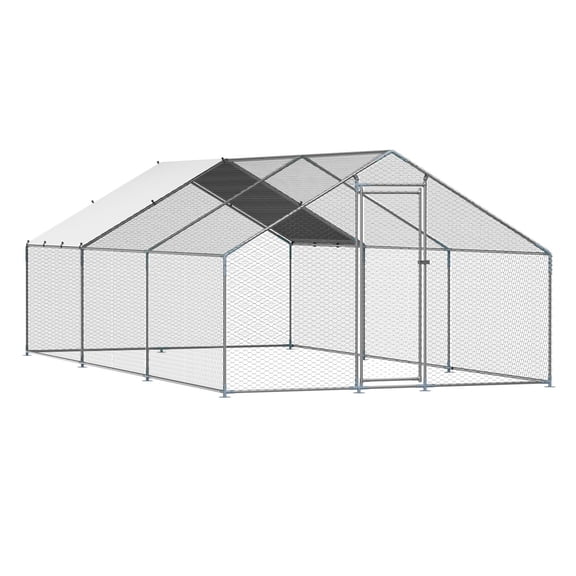 Metal Chicken Coop 9.8x19.6x6.5 ft Walk-in Chicken Run with Spire Roof & Waterproof Cover