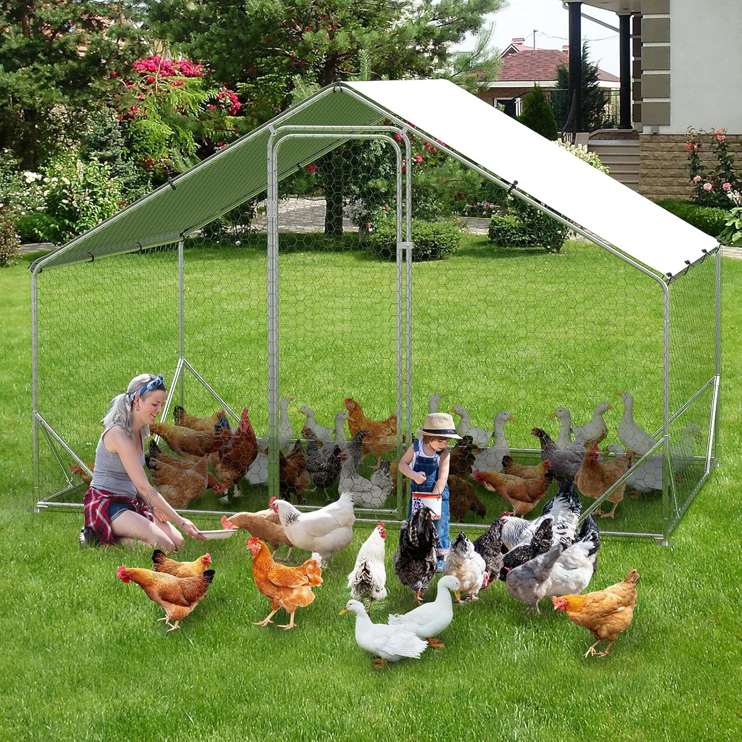 Metal Chicken Coop, Spire-Roof Poultry Cage with Waterproof and Anti-Ultraviolet Cover for Outside, Galvanized Steel Outdoor Chicken Pen for Backyard Farm Garden