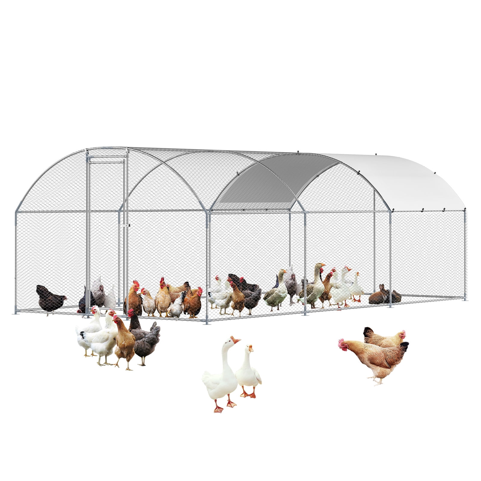 Metal Chicken Coop, Walk-in Chicken Run with Cover Doom Roof 9.8x19.6x6.5ft
