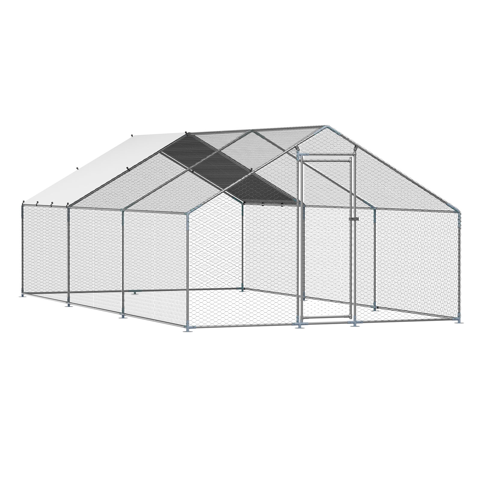 Metal Chicken Coop, Walk-in Chicken Run with Cover Spire Roof 9.8x19.6x6.5ft