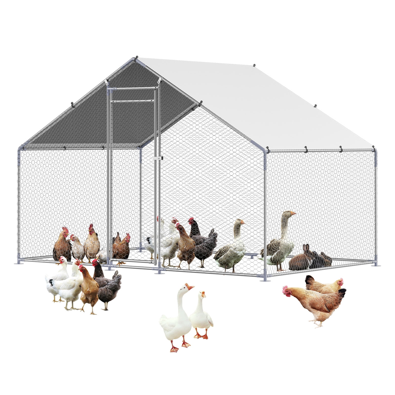 Metal Chicken Coop, Walk-in Chicken Run with Cover Spire Roof 9.8x6.5x6.5ft