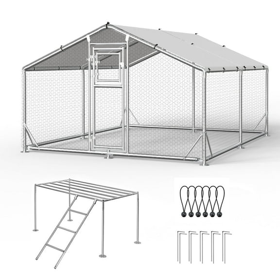Sylviera Metal Walk-in Chicken Coop with Perch Ladder, 9.8x13.1x6.4FT Outdoor Poultry Enclosure, Reinforced Frame and Waterproof Cover for 15-30 Chickens