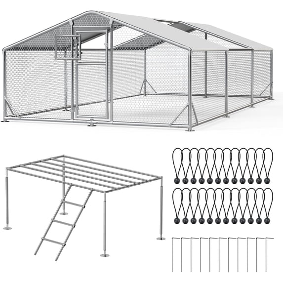 Sylviera Metal Walk-in Chicken Coop with Perch Ladder, 10x19.7x6.4FT Outdoor Poultry Enclosure, Reinforced Frame and Waterproof Cover for 30-45 Chickens