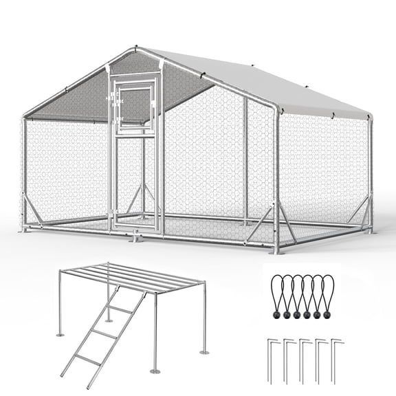 Sylviera Metal Walk-in Chicken Coop with Perch Ladder, 10x6.5x6.4FT Outdoor Poultry Enclosure, Reinforced Frame and Waterproof Cover for 8-15 Chickens
