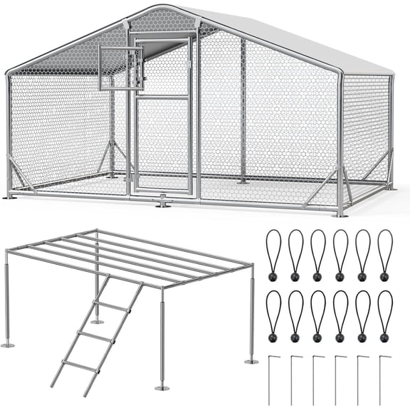 Sylviera Metal Walk-in Chicken Coop with Perch Ladder, 10x6.5x6.4FT Outdoor Poultry Enclosure, Reinforced Frame and Waterproof Cover for 8-15 Chickens