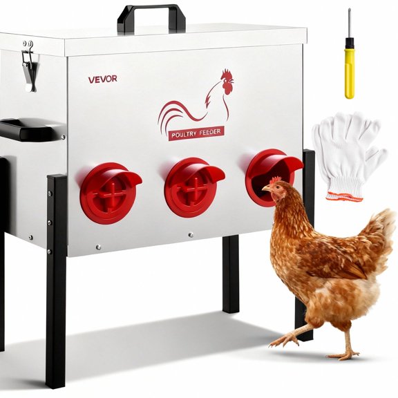 Metal Chicken Feeder, 30lbs Capacity, 6 Feeding Ports, Gravity Flow, Adjustable Stand