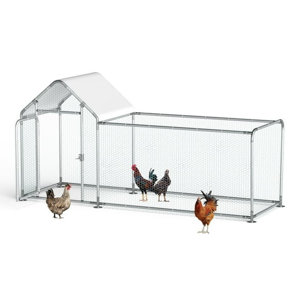 Metal Chicken Run Chicken Coop with Lockable Door Spire Shape Walk-in Chicken Hen House with Waterproof & Anti-UV Cover Outdoor Poultry Cage