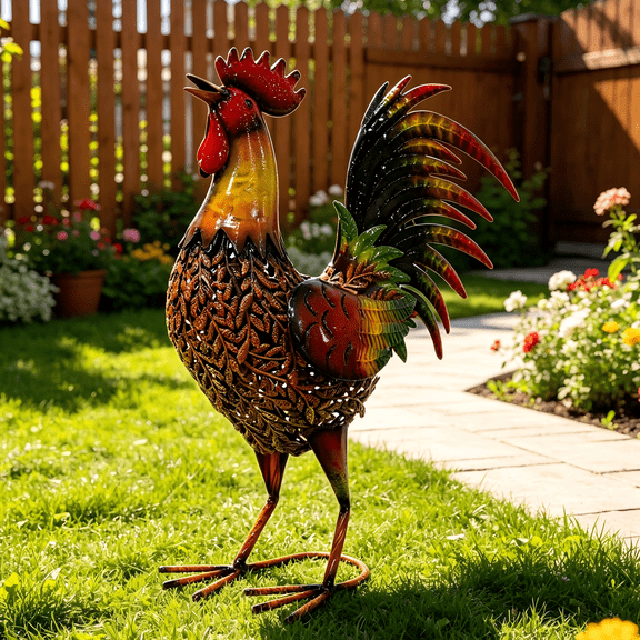 Metal Chicken Statue, Outdoor Garden Yard Decor Sculpture for Home and Office, Rooster Metal Yard Art for Garden Outdoor Patio Pond