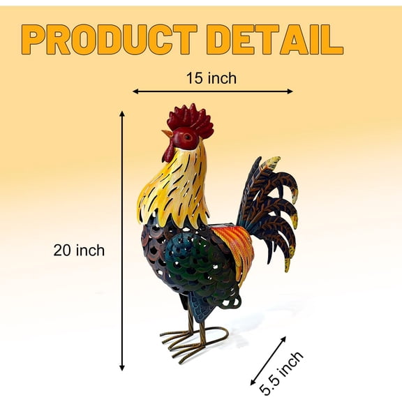 Metal Chicken Yard Decor, 20" Rooster Outdoor Garden Solar Lights,Rooster Decorative Statues Outside with Led Light for Landscape Lawn Backyard