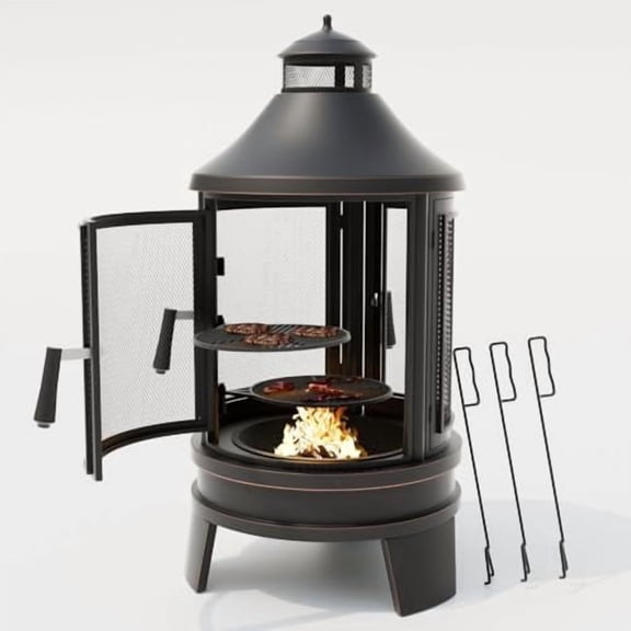 Metal Chiminea Fire Pit with Grill, 2 in 1 Firepit with Adjustable Grill Tray & Mesh Spark Screen Door, 3-Door Multi-Access Fireplace for Patio, Garden & Backyard$$Garden & Patio