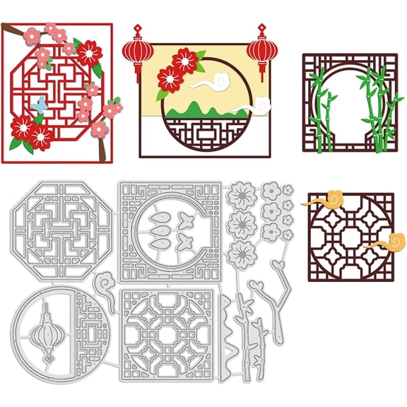 Metal Chinese Window Cut Dies Flower and Bamboo Embossing Template Oriental Style Chinese Lantern Stamp for Card Scrapbooking Card DIY Craft