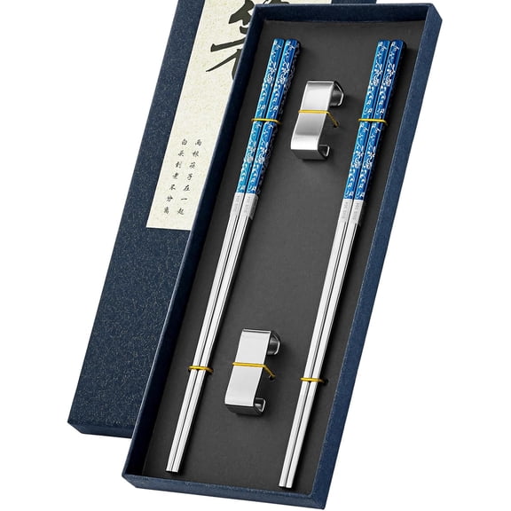 Metal Chopsticks Reusable 2 Pairs Titanium Plated Stainless Steel Chopsticks with Holder, Dishwasher Safe Non-Slip Japanese Style Chop Sticks Present Set (Blue Silver)