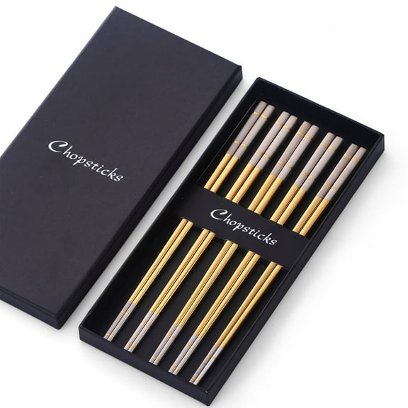 Metal Chopsticks Reusable 5 Pairs Gold Stainless Steel Chopsticks Square Lightweight Non-Slip Chop Sticks Dishwasher Safe Present Set