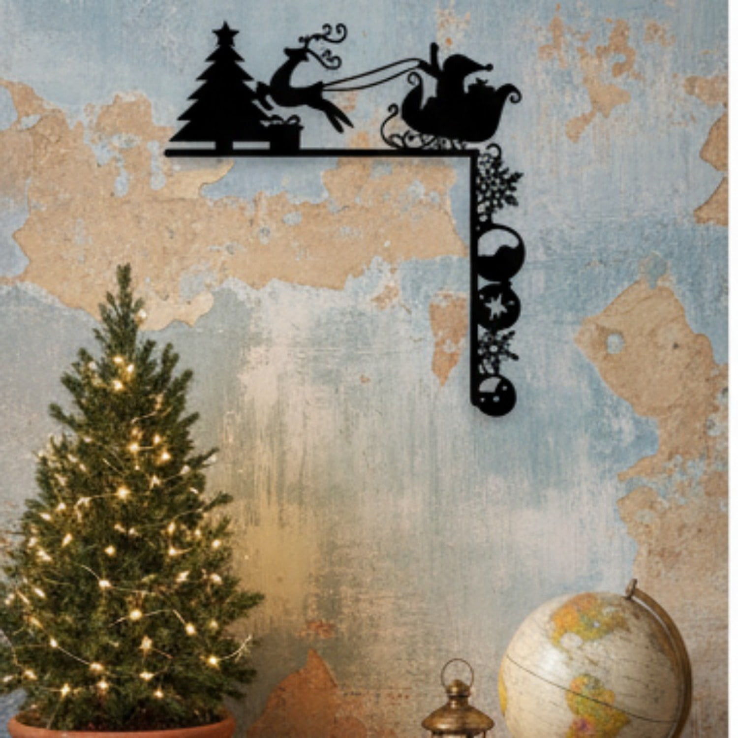 Metal Christmas Sleigh Wall Decor Sculpture, Holiday Door Corner Accent for Christmas, Halloween, and New Year Celebrations