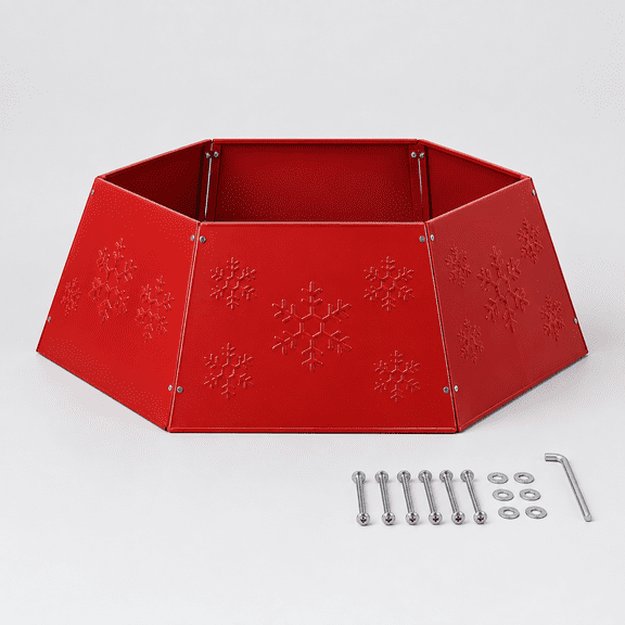Metal Christmas Tree Ring with Printed Snowflake, Tree Skirt Base Stand for Christmas Decorations (Red)