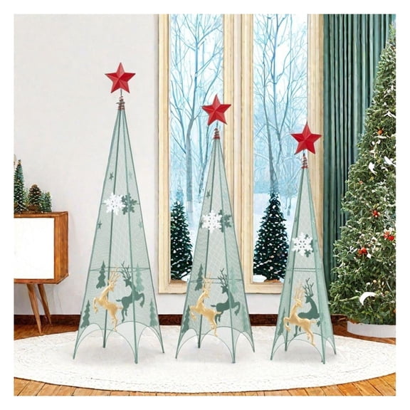Metal Christmas Trees 3-Piece Set, 3/3.5/4ft Tower Xmas Trees with Star Toppers, Snowflake Reindeer Patterned Indoor Outdoor Holiday Decor