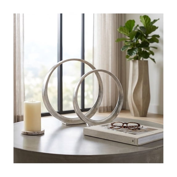 Metal Circle Sculpture Ornaments for Home and Bathroom Decor - Aluminum Ring Statues for Office and Room Decor - Decorative Accent for Living Room, Shelf and Coffee Table - Set of 2, 14", 12", Silver