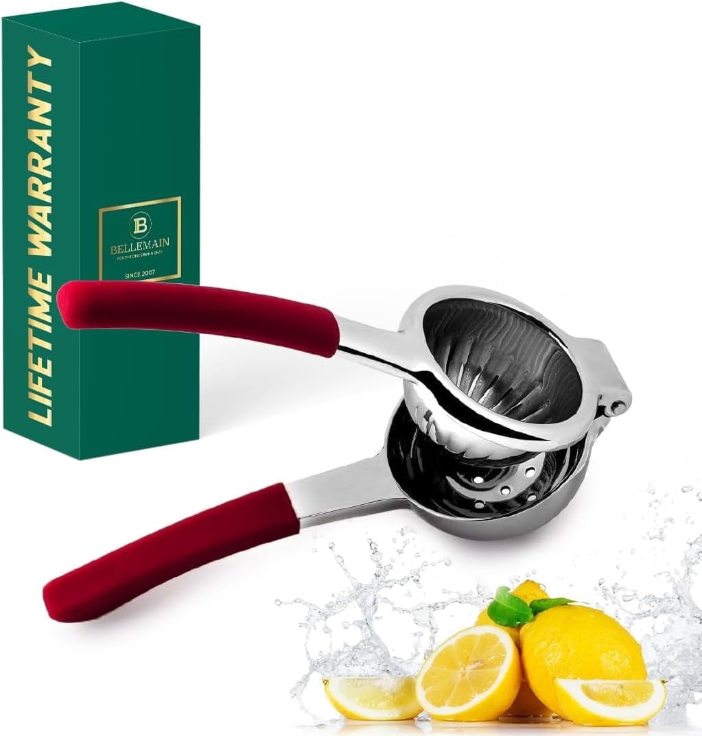 Bellemain Citrus Juicer, Stainless Steel Manual Lemon Squeezer with Silicone Handles, Red