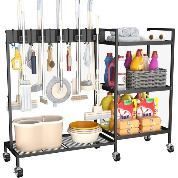 Metal Cleaning Cart with Wheels - Rolling Broom Holder & Supplies Organizer, 10 Adjustable Clips, 5 Double-Hooks, 3-Tier Shelves, Brakes for Home, Commercial, Black
