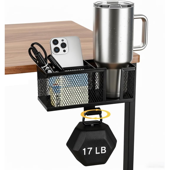 Metal Clip On Cup Holder Attachment for Gaming Desk or Table, Easy to Clamp, Attachable Anti-Spill Cup Holder for Salon Chair, Bedside - Black