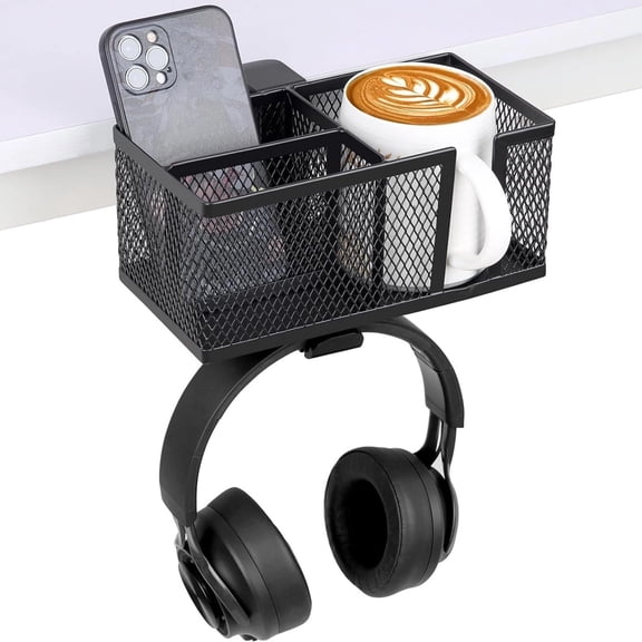 Metal Clip On Cup Holder, Black Metal Desktop Organizer, Desk Accessories Holder Clamp, No-Drill Easy Install for Cups, Bottles, Drinks, Headphones