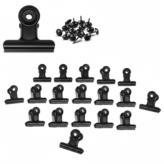 Metal Clips with Push Pins, 20 Pack Mini Binder Clips 1.25 Inch, Black Office Supplies for Paperwork, Bulletin Boards, DIY Crafting, Home Organization