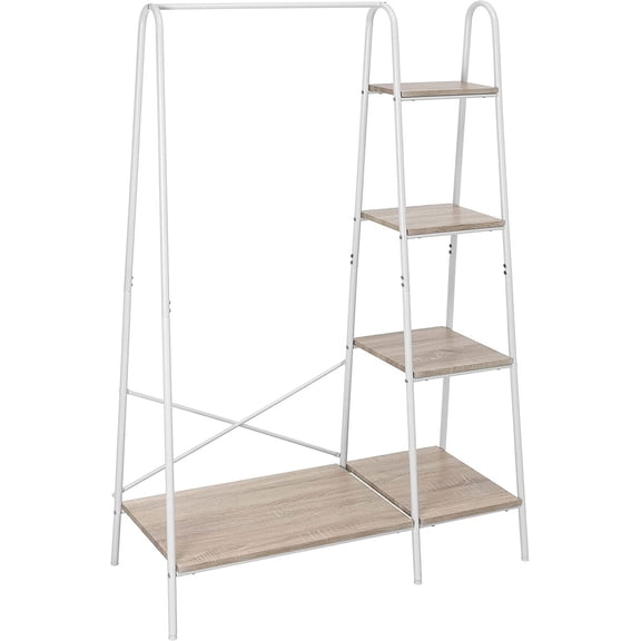 Metal Clothes Closet Rack, Clothing Rack for Hanging Clothes White Heavy Duty Garment Rack with 5 Wood Shelves Freestanding Portable Closet Organizer for Bedroom/Entryway/Boutiques