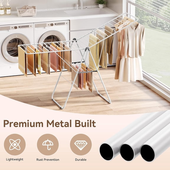 Metal Clothes Drying Rack, Foldable Gullwing Laundry Airer with Adjustable Height, Easy to Fold, Space-Saving Indoor Outdoor Drying Stand, White