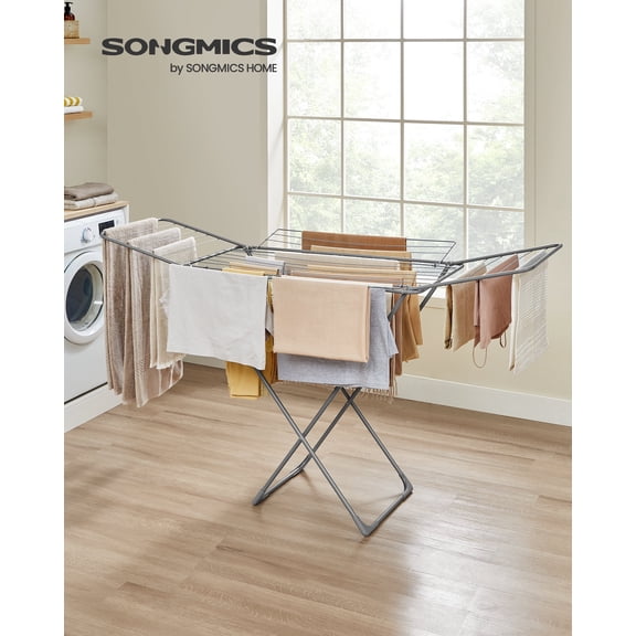 Metal Clothes Drying Rack, Foldable Laundry Airer with 4 Gull Wings & 70 ft Drying Space, Indoor Outdoor Use for Bed Linens Clothing, Gray