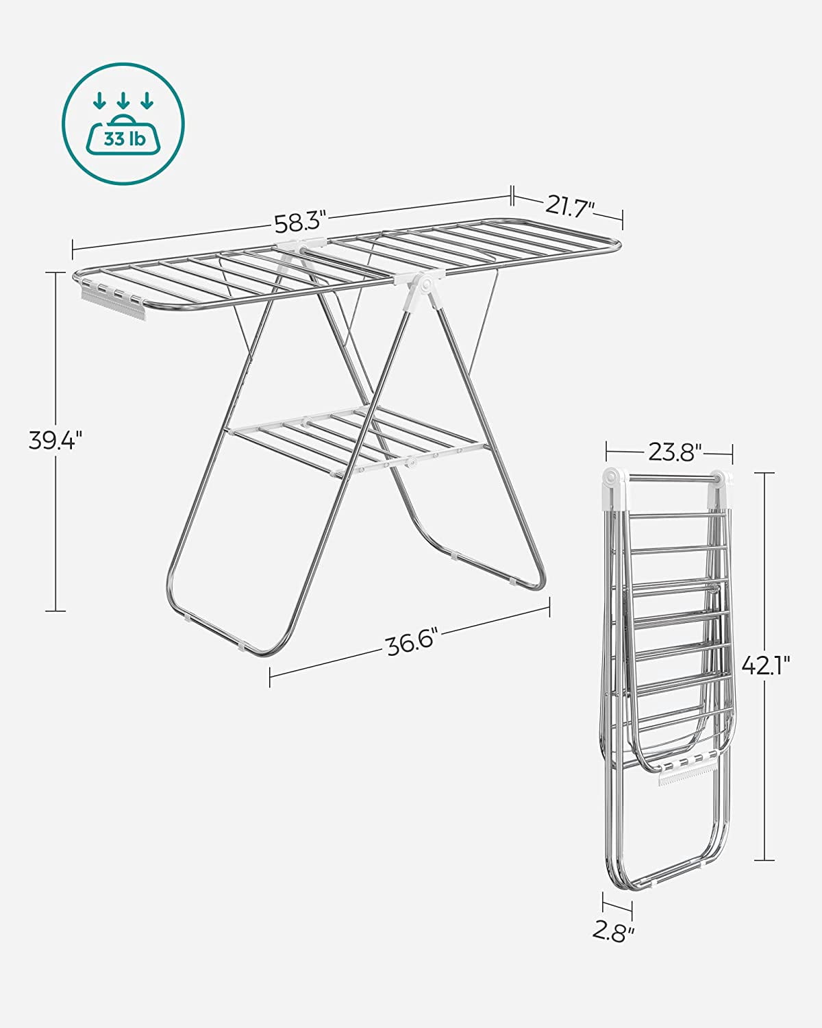 Metal Clothes Drying Rack with Sock Clips, Foldable Free-Standing Laundry Airer – Space-Saving Design, 2 Height-Adjustable Gullwings, Indoor & Outdoor, Silver/White