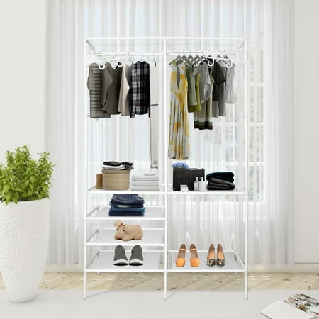 Metal Clothes Rack, Clothing Garment Rack, Heavy Duty Clothing Rack, Freestanding Wardrobe Closet Rack with 4 Shelves, Closet Organizer with 2 Hanging Rods White 42"x14"x66"