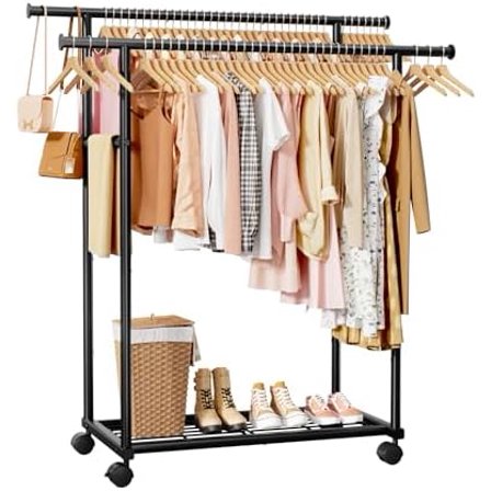 Metal Clothes Rack - Double Rod Clothing Rack with Fixed Design and Rolling Wheels, Coat Rack with Built-In Shelf for Closet Organizers and Storage (38.5" x 16.9" x 59.0", Black)