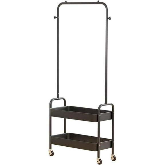 Metal Clothes Rack On Wheels Portable Clothes Rail For Hanging Clothes With Shoe Storage Shelfs Portable Clothes Rack Caddy For Bedroom Wardrobe -Black
