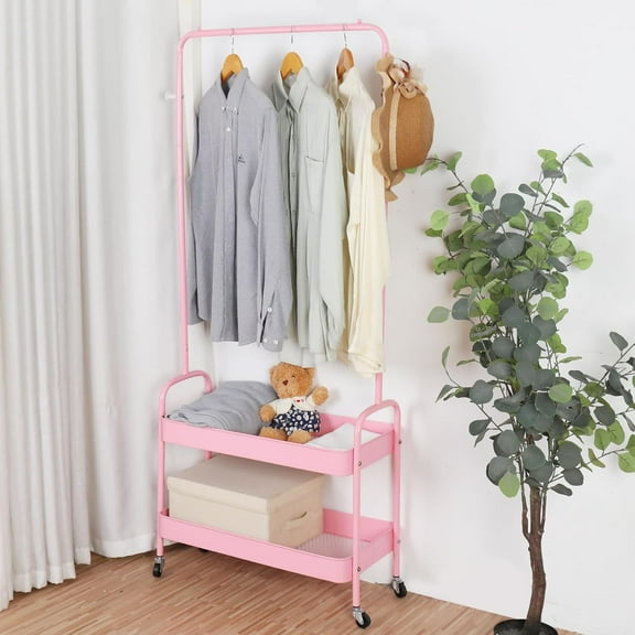 Metal Clothes Rack On Wheels Portable Clothes Rail For Hanging Clothes With Shoe Storage Shelfs Portable Clothes Rack Caddy For Bedroom Wardrobe - Pink