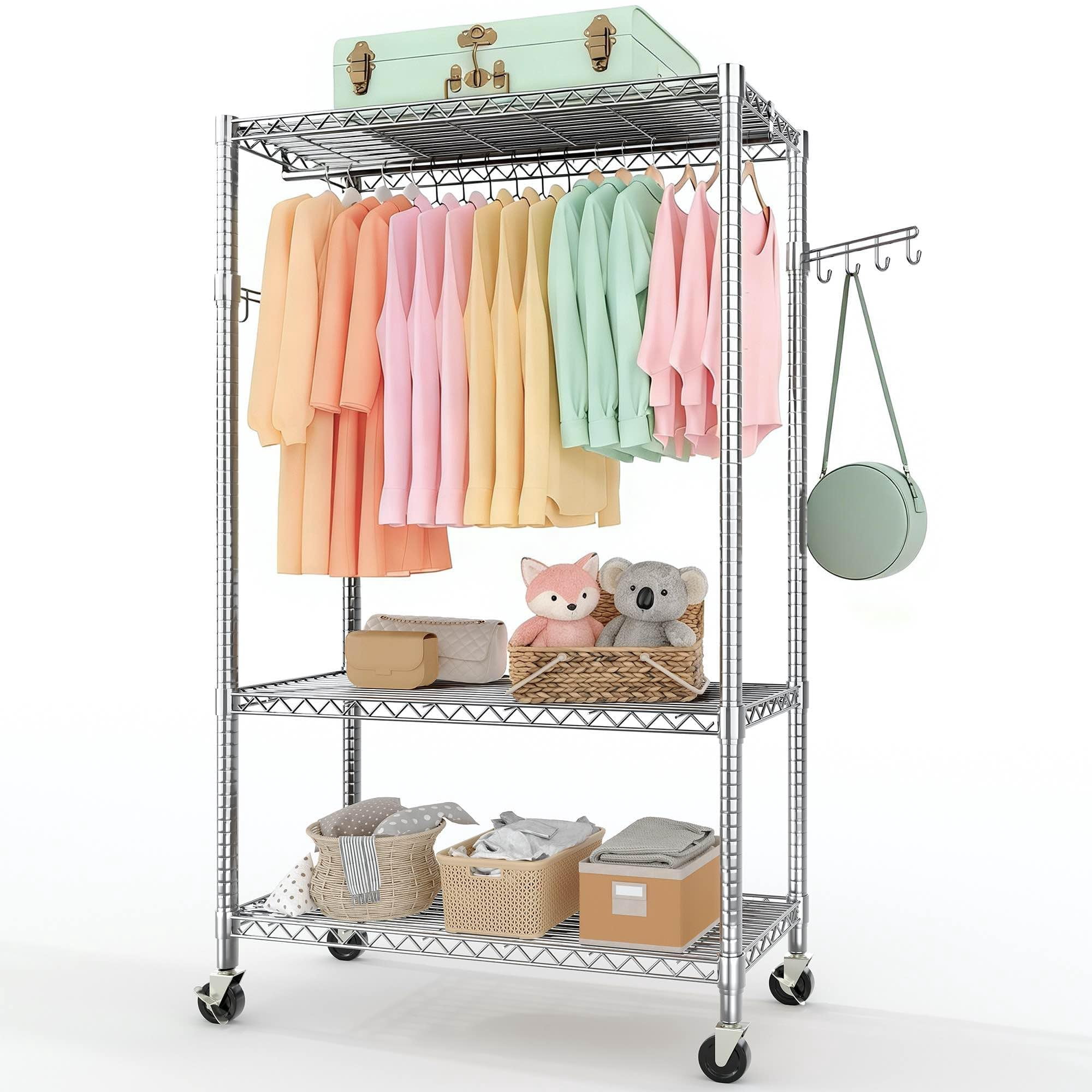 Metal Clothes Rack with 3-Tier Wire Shelves & 4 Hanging Rods – Rolling ...