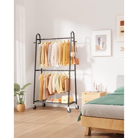 Metal Clothes Rack with Two Rods, Mesh Shelf & Hooks, Triangular Coat Stand for Bedroom Closet Laundry Room, Black