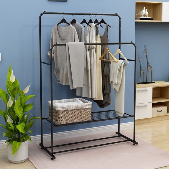 Metal Clothing Rack, Heavy Duty Garment Rack, Freestanding Hanger, with 2-Tier Storage Shelf and Double Rods, Multifunctional Clothes Rack for Bedroom, Living Room, Dressing Room, Black, D4727