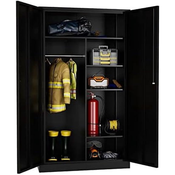 Metal Clothing Storage Locker, Steel Wardrobe Cabinets with Shelves and Closet Rod, 72" Large Storage Locker Closet for Sports Equipment, Tools, Cleaning Supplies, Garments$$Furniture