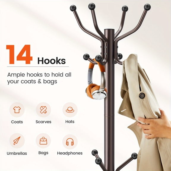 Metal Coat Rack with 14 Hooks, Adjustable 4 Height Settings, Durable Storage for Hats and Clothing, Perfect for Home Entryways and Outdoor Recreational Gear