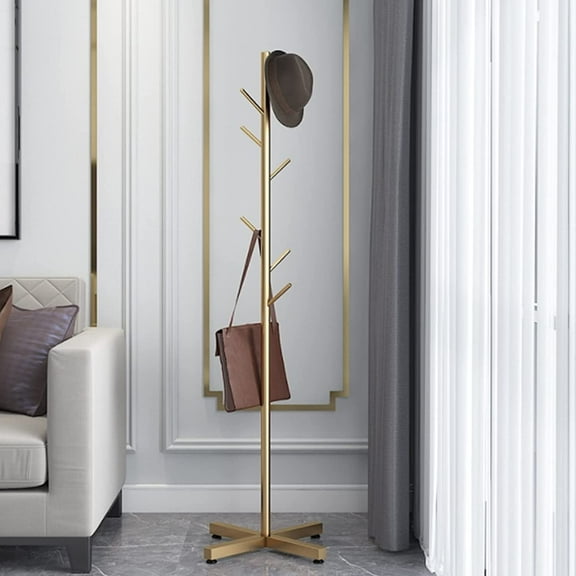 Metal Coat Rack Free Standing 7 Hooks Hall Tree in Corner, Hat Hanger & Coat Racks Stand Entryway Organizer, Bedroom Coat Tree Hanger, Hall Tree for Clothes Jacket Hat Bag Entryway (Gold)