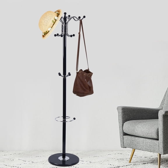 Metal Coat Rack Freestanding with 4 Levels and 16 Hooks Home Entry-Way Coat Racks Stand with Natural Marble Base Hat Hanger Organizer Hall Tree for Hanging Scarf Bag Jacket (Black)