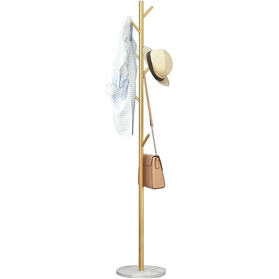 Freestanding Coat Rack with Marble Base, 7-Hook Metal Hall Tree for Hats Scarves Bags, Corner Standing Organizer for Bedroom Hallway