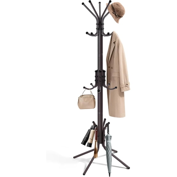 Metal Coat Rack, Freestanding Coat Tree & Hall Tree with 15 Hooks, Sturdy Coat Rack Stand and Hat Rack, Coat Hanger for Entryway, Bedroom, Office for Jackets, Hats, Bags,Brown