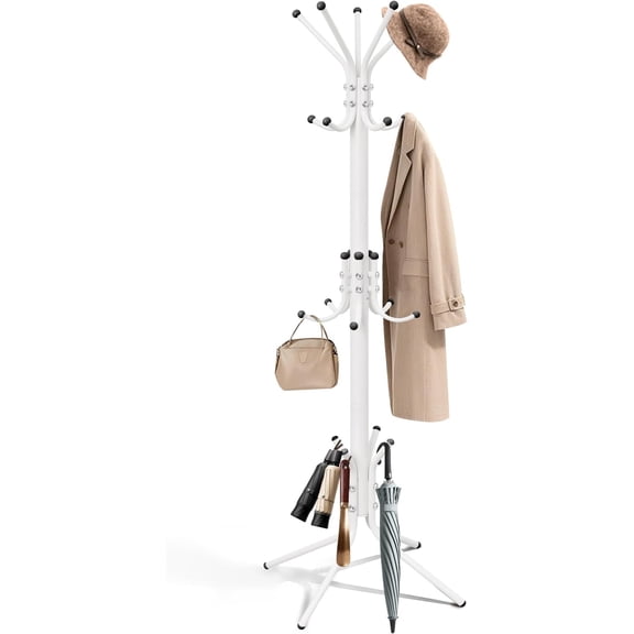 Metal Coat Rack, Freestanding Coat Tree & Hall Tree with 15 Hooks, Sturdy Coat Rack Stand and Hat Rack, Coat Hanger for Entryway, Bedroom, Office for Jackets, Hats, Bags,White