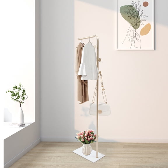 Metal Coat Rack Freestanding with Natural Marble Base, Entryway Coats Hanger Stand with 3 Hooks, Home Hotel Hall Tree for Coats, Hats, Scarves, Clothes, and Handbags (Gold-w/white Base)